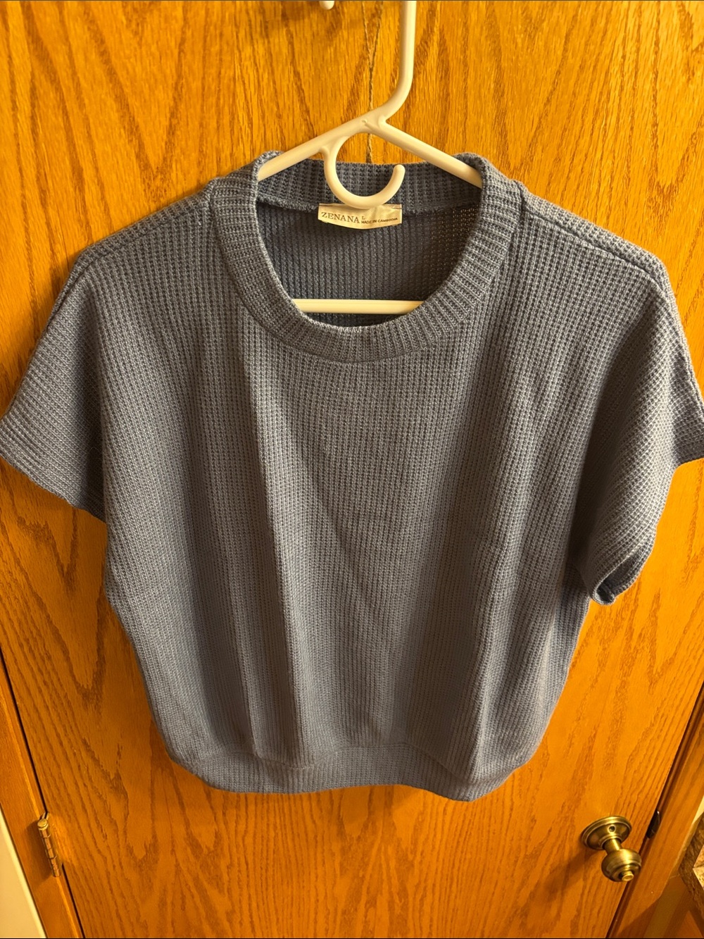 Never worn Zenana Waffle Knit Short Sleeve Pullover - Dusty Blue